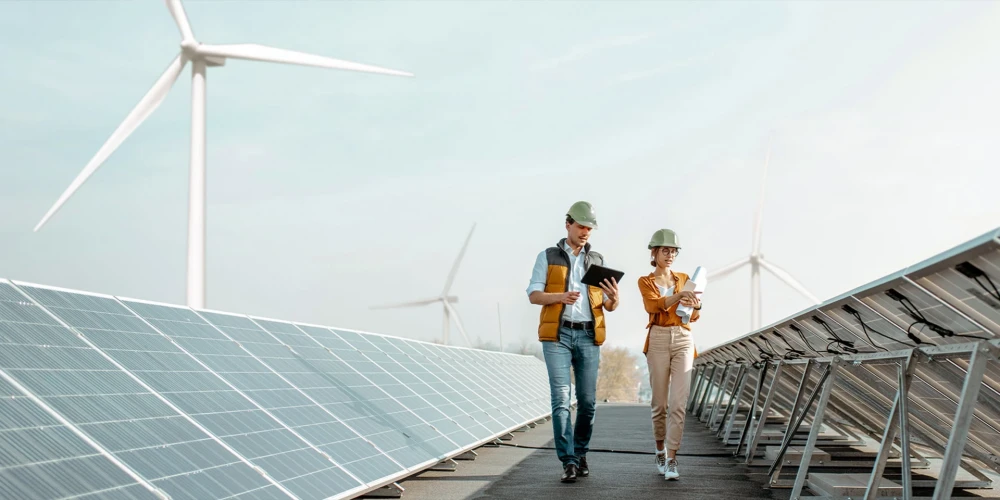 Zwei Ingenieure mit Schutzhelmen und Tabletten gehen zwischen Solarpaneelen und Windturbinen
