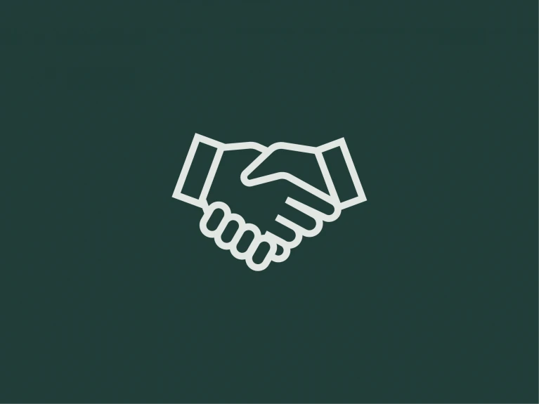 Einfache weiße Linienzeichnung eines Händedrucks auf dunkelgrünem Hintergrund