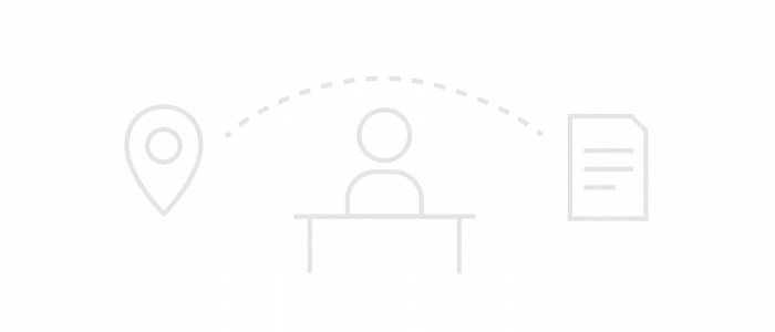 Grafische Darstellung eines Prozesses mit einem Standortmarker, einer Person an einem Tisch und einem Dokument, verbunden durch eine gestrichelte Linie