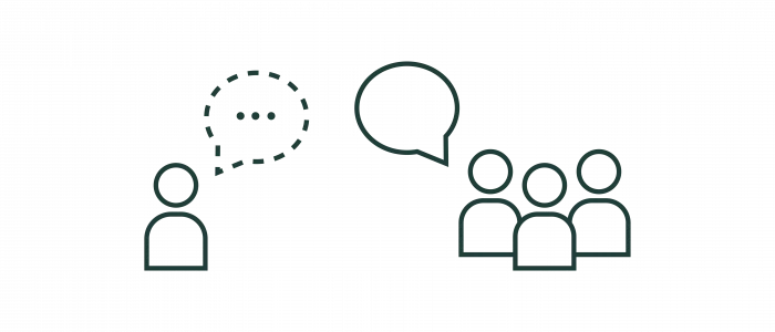 Grafische Darstellung einer Kommunikation zwischen einer Einzelperson und einer Gruppe, wobei Gedanken und Sprache symbolisiert werden