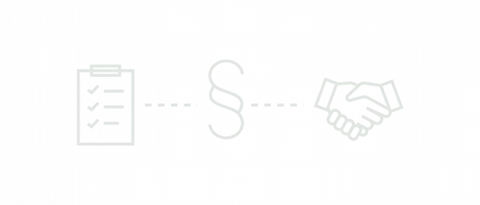 Grafische Darstellung einer Checkliste und eines Händedrucks, verbunden durch eine gepunktete Linie