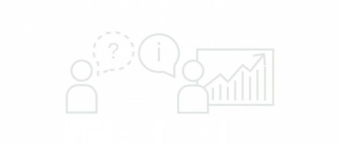 Zwei stilisierte Personen mit Sprechblasen, eine mit einem Fragezeichen und die andere mit einem Ausrufezeichen und einem Schaubild, das Wachstum anzeigt