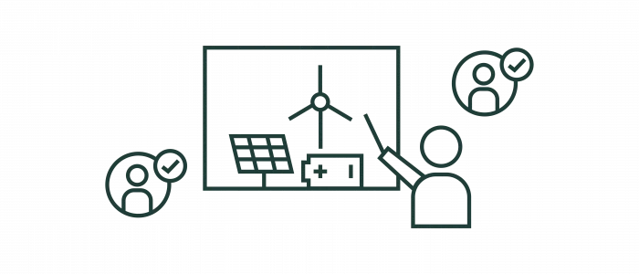 Grafische Darstellung einer Person, die eine Präsentation über erneuerbare Energiequellen, einschließlich Windkraft und Solarenergie, hält