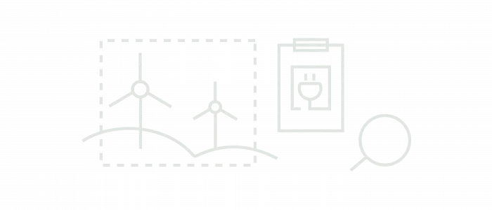 Stilisierte Grafik mit Windkraftanlagen, einem Energieprotokoll und einer Lupe