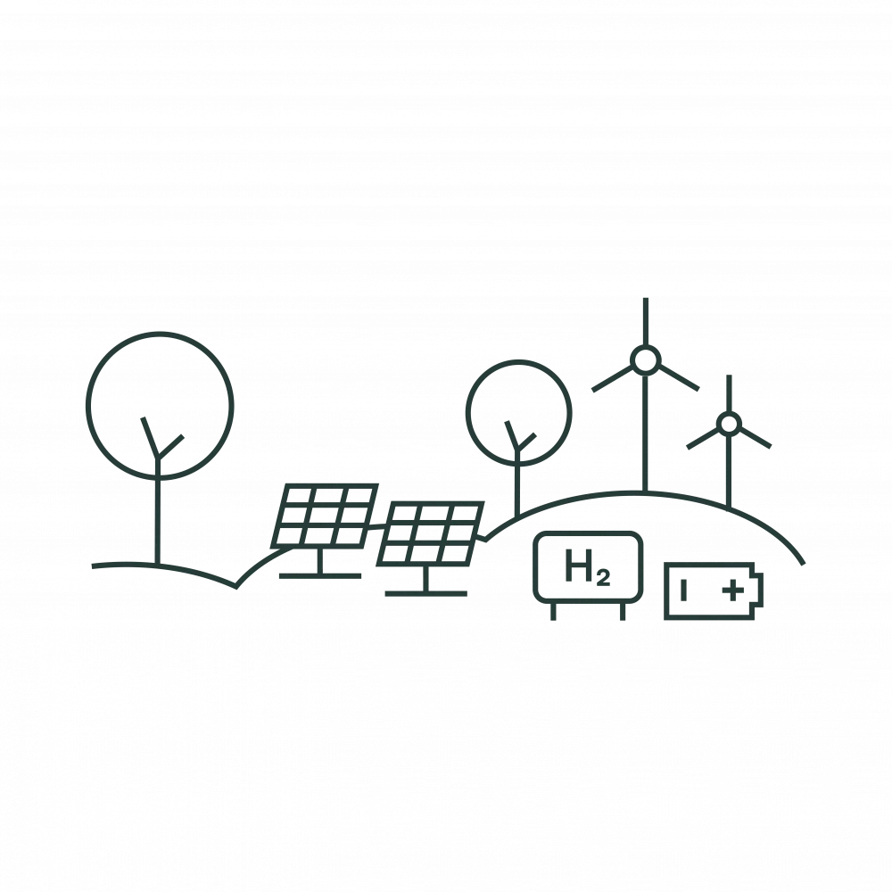 Simple graphic representation of an eco-friendly energy source with solar panels, hydrogen tank, and wind turbines