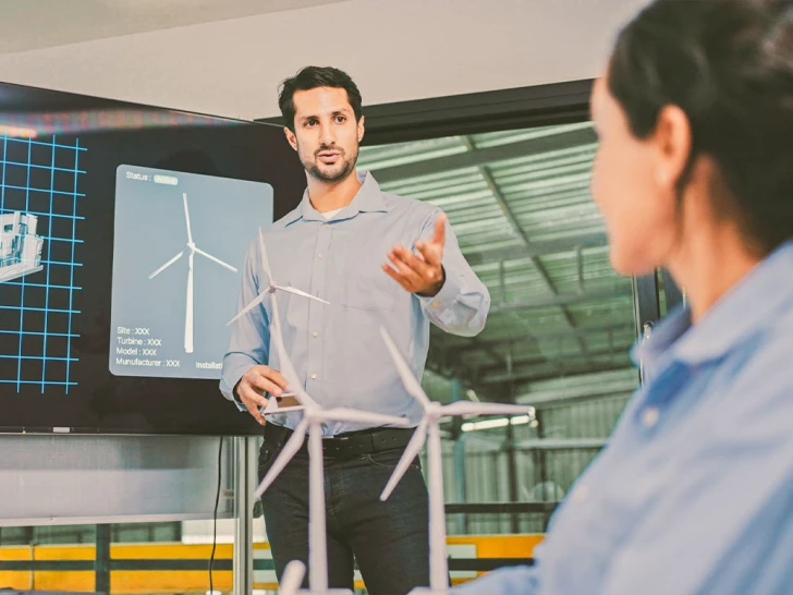 A man presenting wind power technology in a modern office, gesturing next to a model wind turbine and a digital display