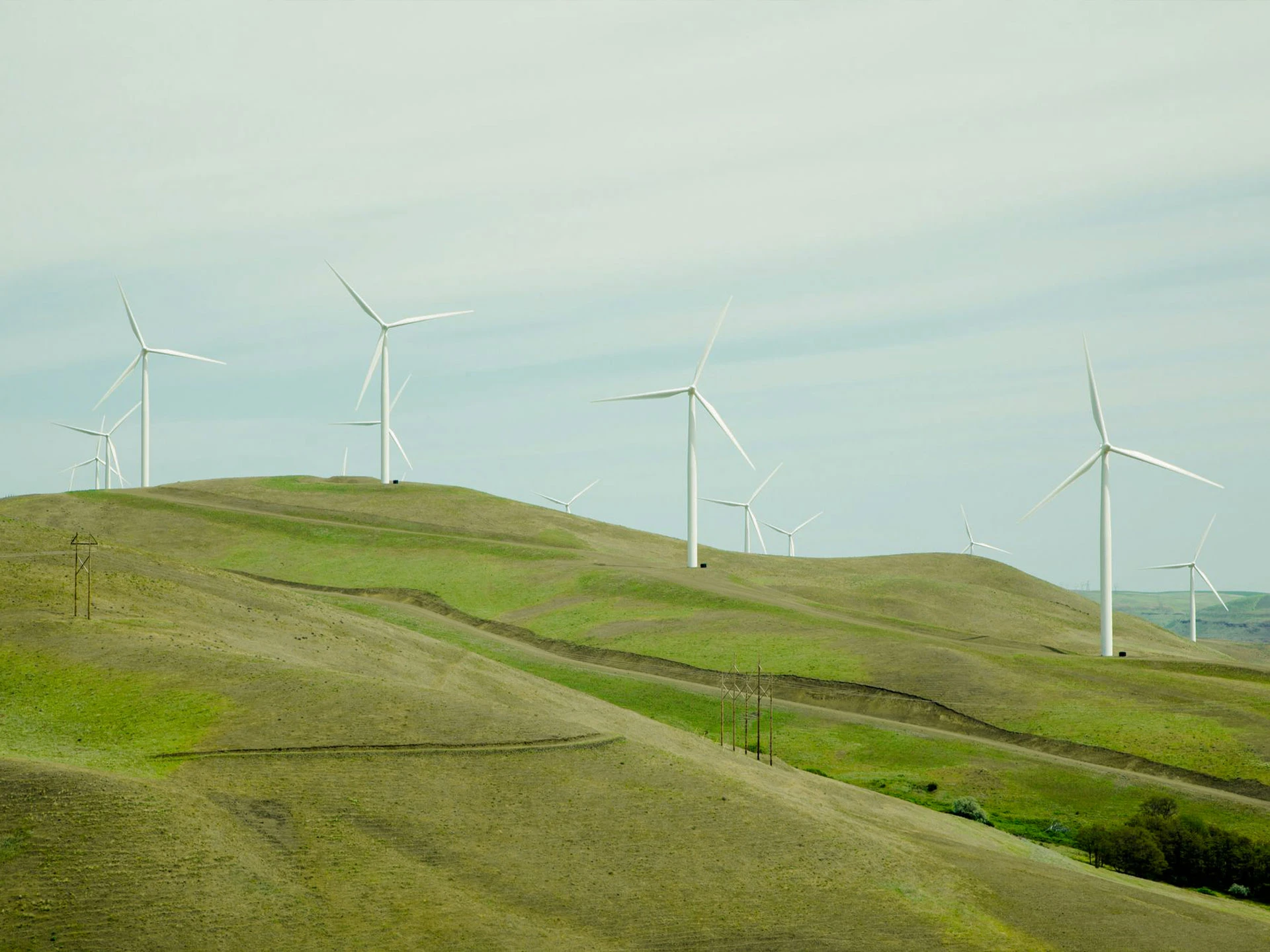 Hügelige Landschaft mit mehreren Windkraftanlagen und einer kleinen Straße
