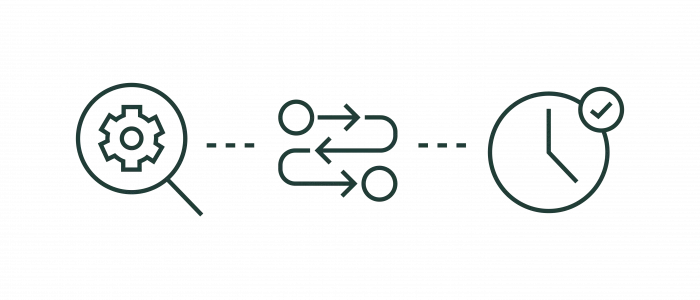 Symbolische Darstellung eines Prozesses mit einem Zahnrad, Pfeilen und einer Uhr, die Effizienz und Zeitmanagement darstellt