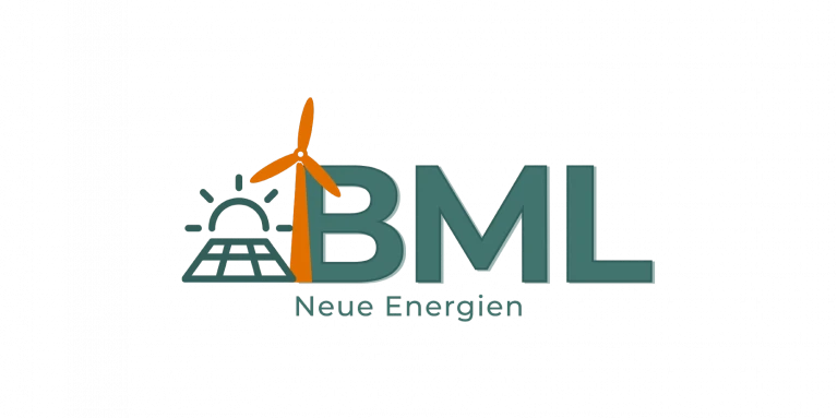 Logo von BML Neue Energien mit einem Windrad, einer aufgehenden Sonne und einem stilisierten Kraftwerk