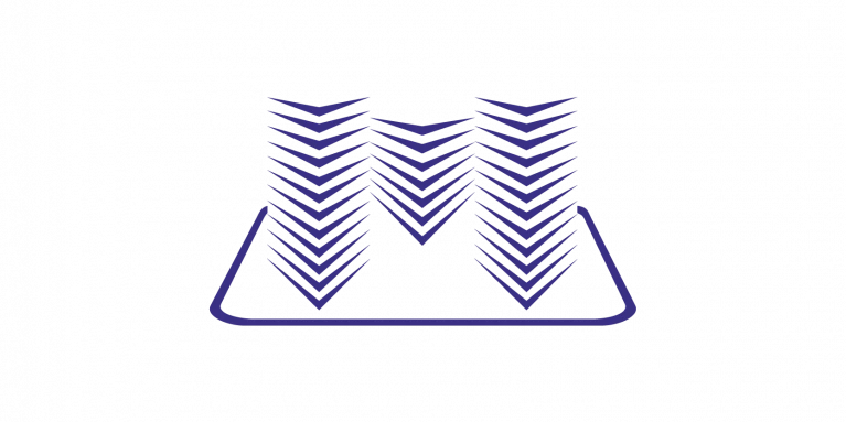 Grafisches Symbol mit mehreren blauen, abstrakten Pfeilen in V-Form, die nach unten zeigen