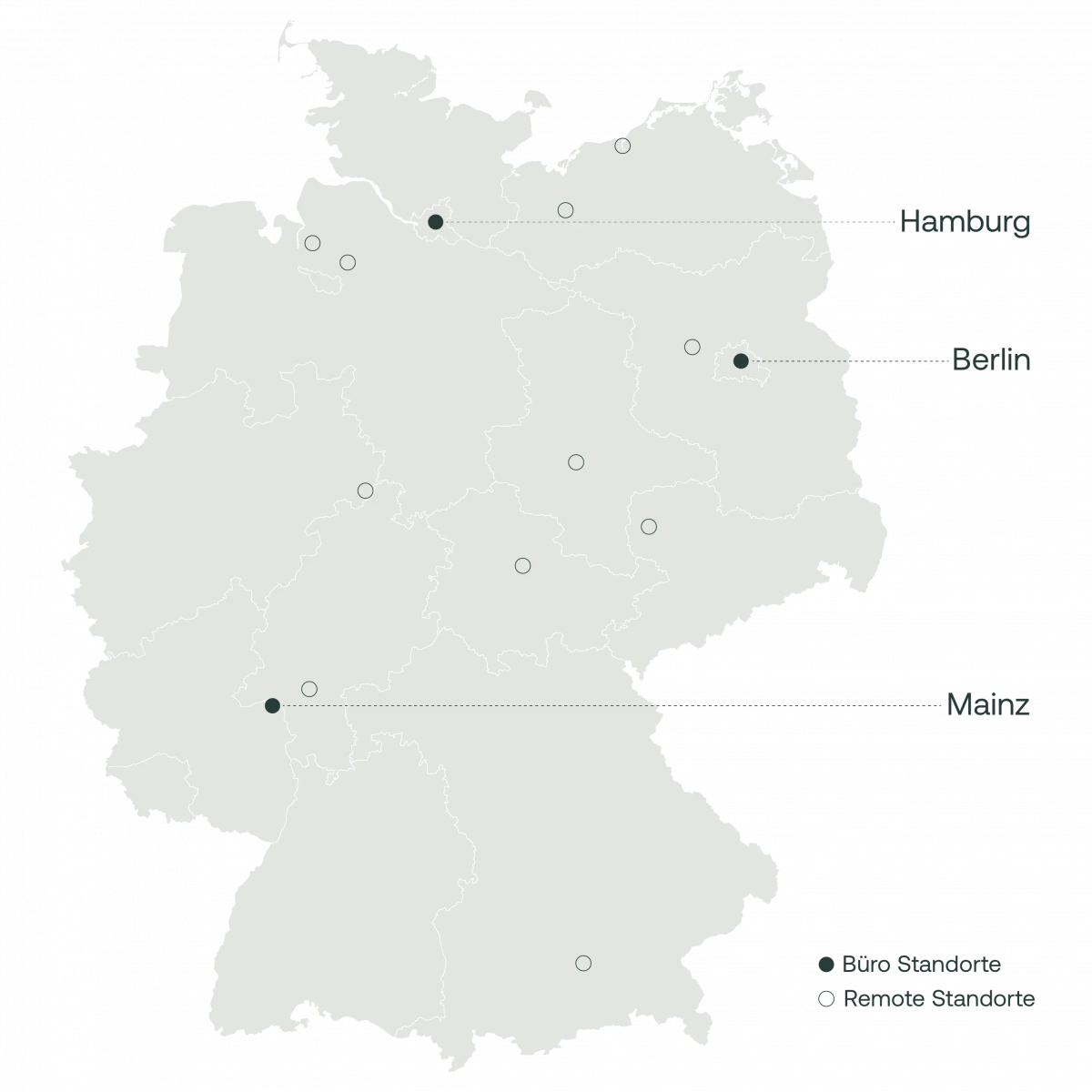 Karte von Deutschland mit markierten Büro- und Remote-Standorten in Hamburg, Berlin und Mainz