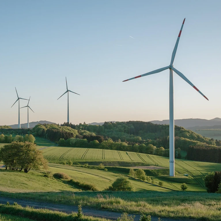 Wind turbines in a green hilly landscape at sunset