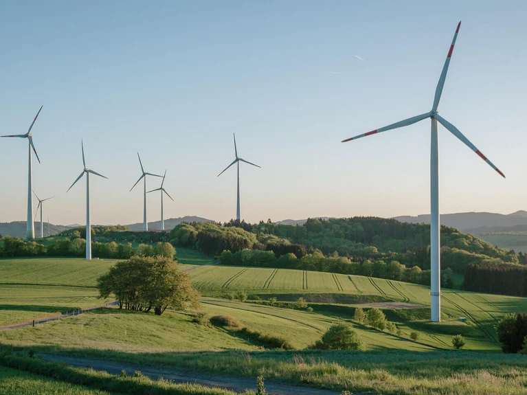 Landscape with wind turbines on green hills during daylight