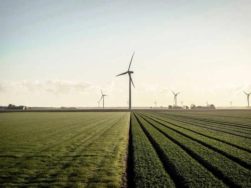 Windräder auf einem landwirtschaftlichen Feld bei Sonnenaufgang