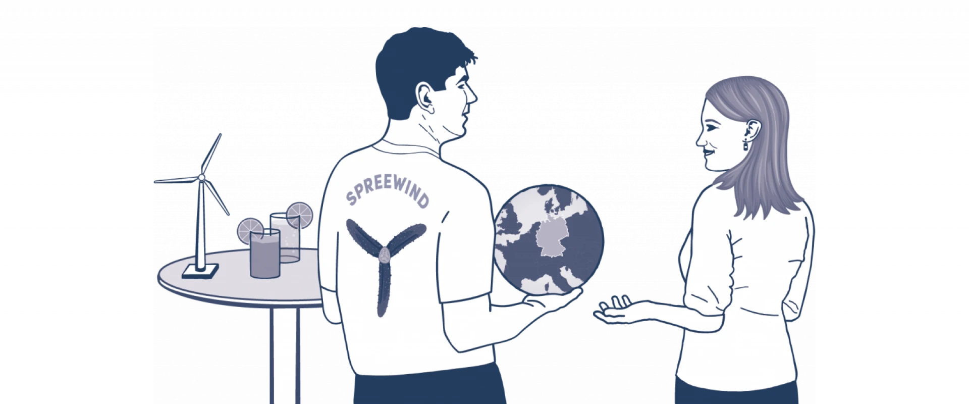 Illustration of a man and a woman facing each other and exchanging a globe, next to a table with eco-friendly products