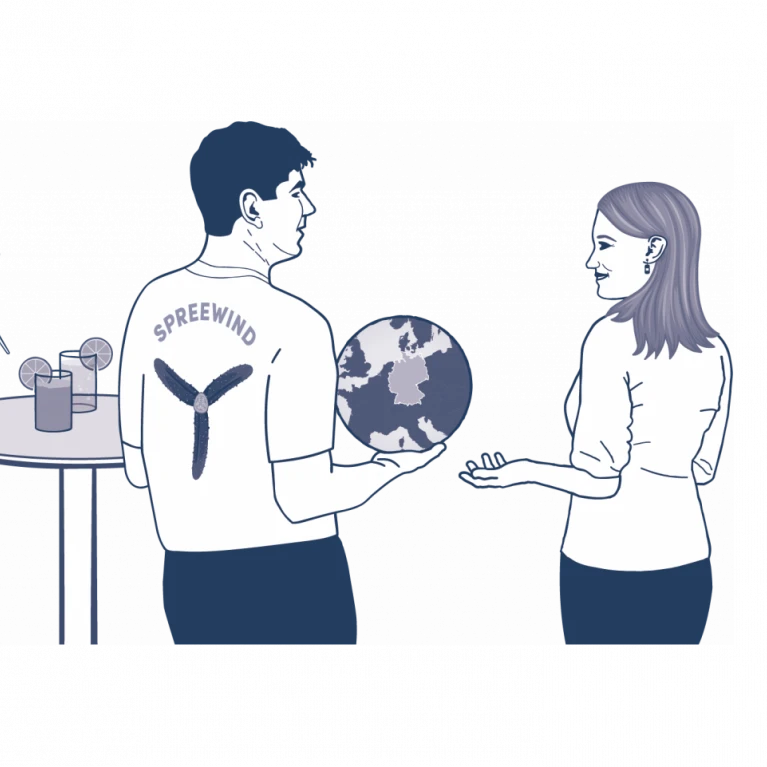 Illustration eines Mannes und einer Frau, die sich gegenüberstehen und eine Weltkugel austauschen, neben einem Tisch mit umweltfreundlichen Produkten