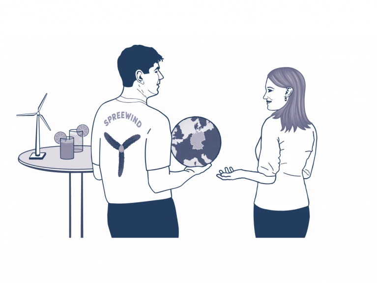 Illustration eines Mannes und einer Frau, die sich gegenüberstehen und eine Weltkugel austauschen, neben einem Tisch mit umweltfreundlichen Produkten