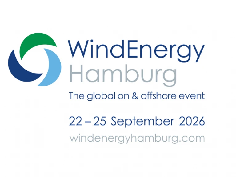 Logo von WindEnergy Hamburg mit den Daten der Veranstaltung vom 22. bis 25. September 2026 und dem Slogan 'The global on & offshore event'