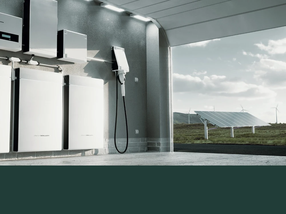 Modern electric vehicle charging station with connected energy storage units and solar panels in the background