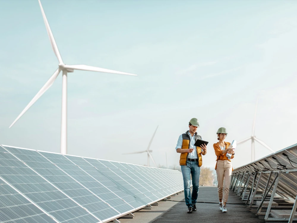 Two engineers in safety helmets discussing documents at a solar farm with wind turbines in the background
