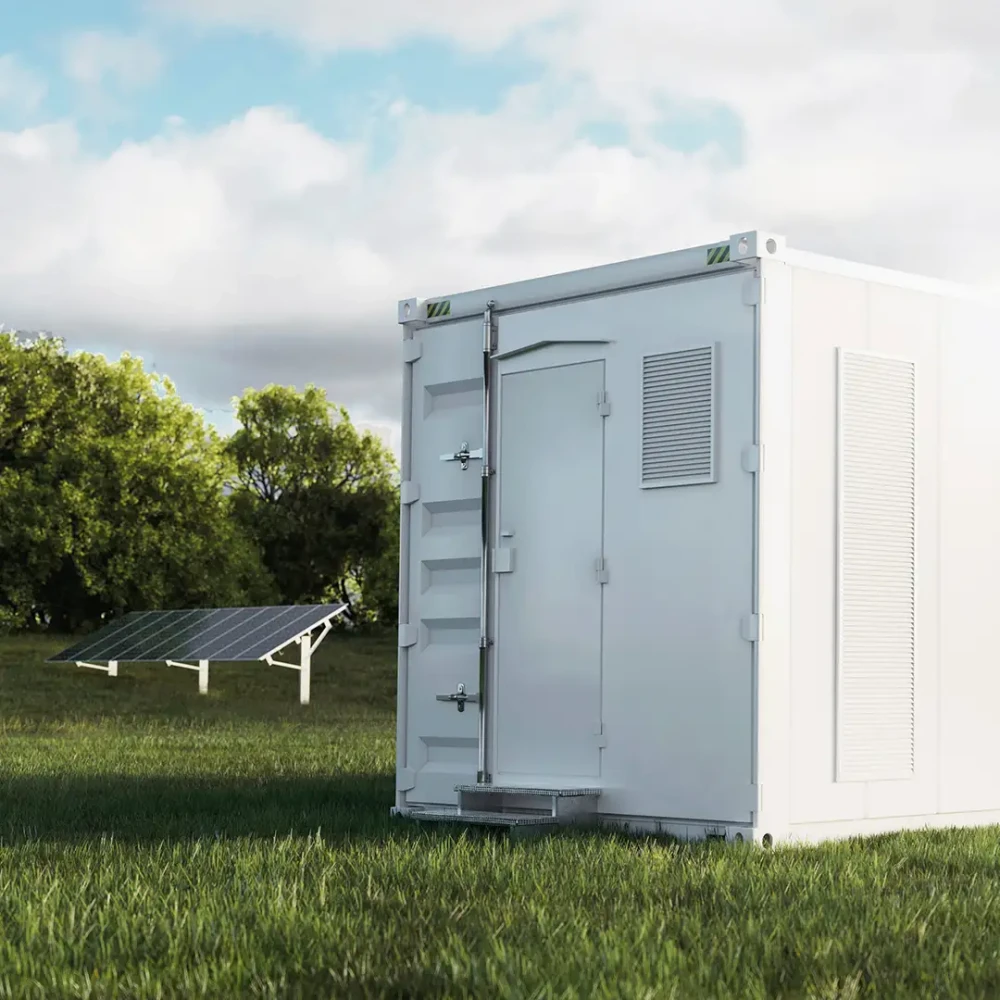 White utility container on a green lawn with solar panels in the background