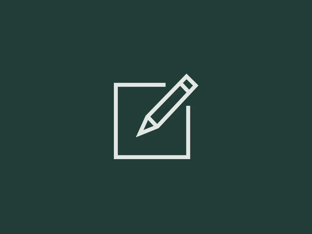 Weißes Symbol eines Bleistifts, der in einem Quadrat auf dunkelgrünem Hintergrund zeichnet