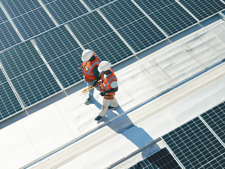 Two technicians in safety gear walking on a roof covered with many solar panels