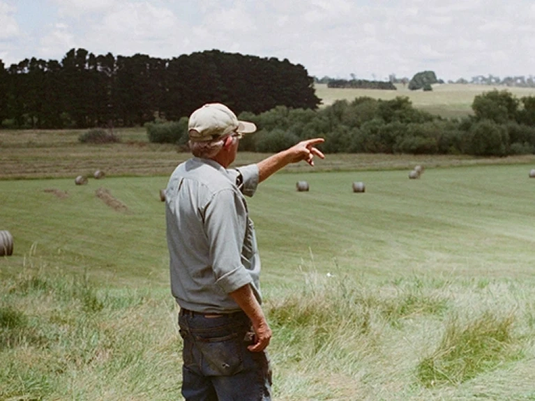 Elderly man in a field pointing into the distance, surrounded by hay bales